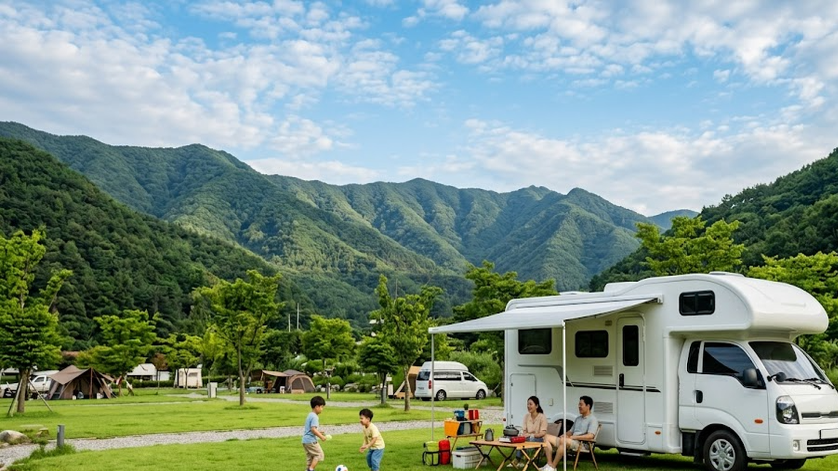 산속 캠핑장에서 모터홈과 함께 시간을 보내는 가족