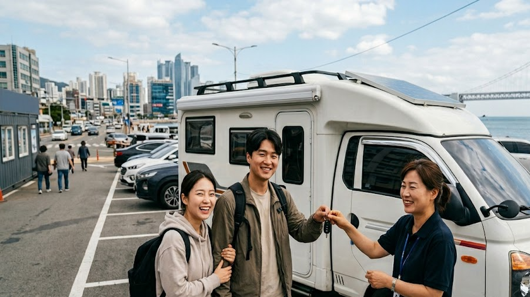 부산 해안에서 캠핑카 키를 건네받는 여행객 커플