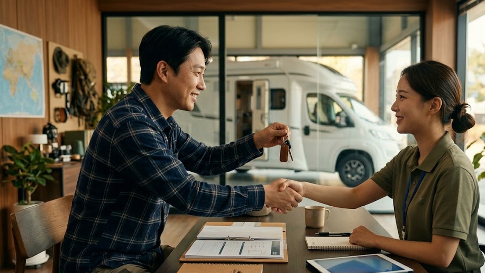 캠핑카 앞에서 차량 키를 전달하며 악수하는 차주와 오캠핑 담당자