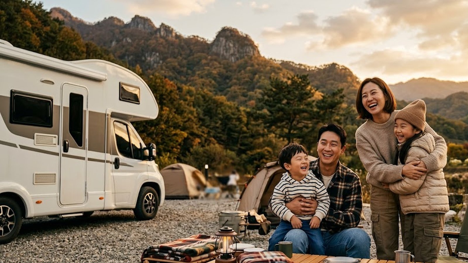 캠핑카 앞에서 캠핑을 즐기는 가족
